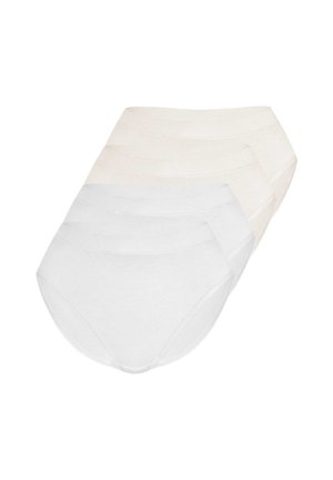 Four pairs of plain women's cotton briefs in white and beige, arranged overlapping on a white background.