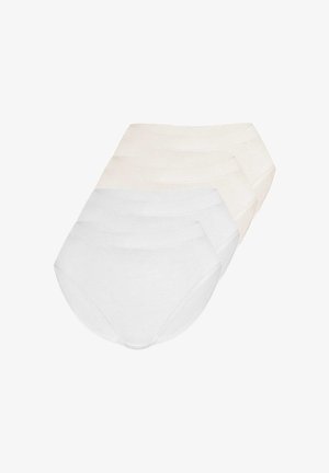 Four pairs of plain women's cotton briefs in white and beige, arranged overlapping on a white background.