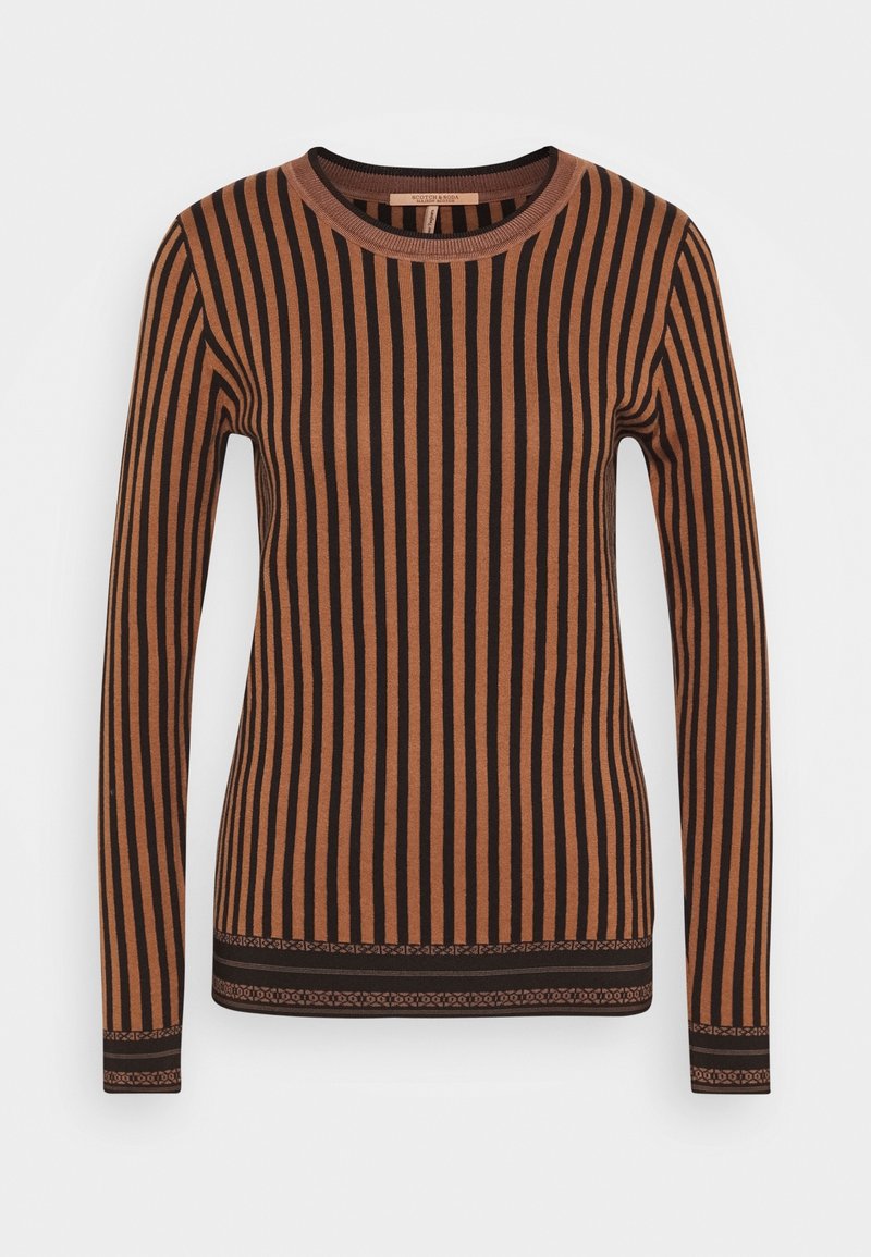 Pull à manches longues rayé marron et noir avec un col rond et un motif orné à l'ourlet. Confectionné dans un tissu doux et côtelé.