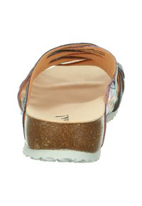 Bunte Sandale mit einem Korkfußbett, Lederoberteil und weißer Gummisohle. Verfügt über ein Riemendesign mit glatter Textur.