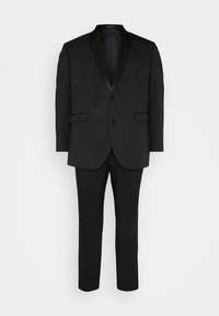 Black tuxedo suit with a lapel collar, short sleeves, and two buttons; paired with matching trousers. Smooth fabric, tailored fit.