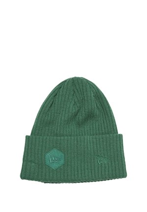 Green ribbed knit beanie with rolled cuff, featuring a hexagonal patch and logo detailing in a matching green tone.