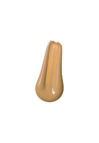 Crème cosmétique beige en forme de goutte lisse avec une finition brillante et de subtiles lignes de texture, sur fond blanc.
