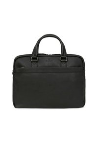 Borsa a tracolla nera in pelle con doppie maniglie, chiusura con zip, tasca frontale e dettaglio del logo. Texture liscia e design strutturato.