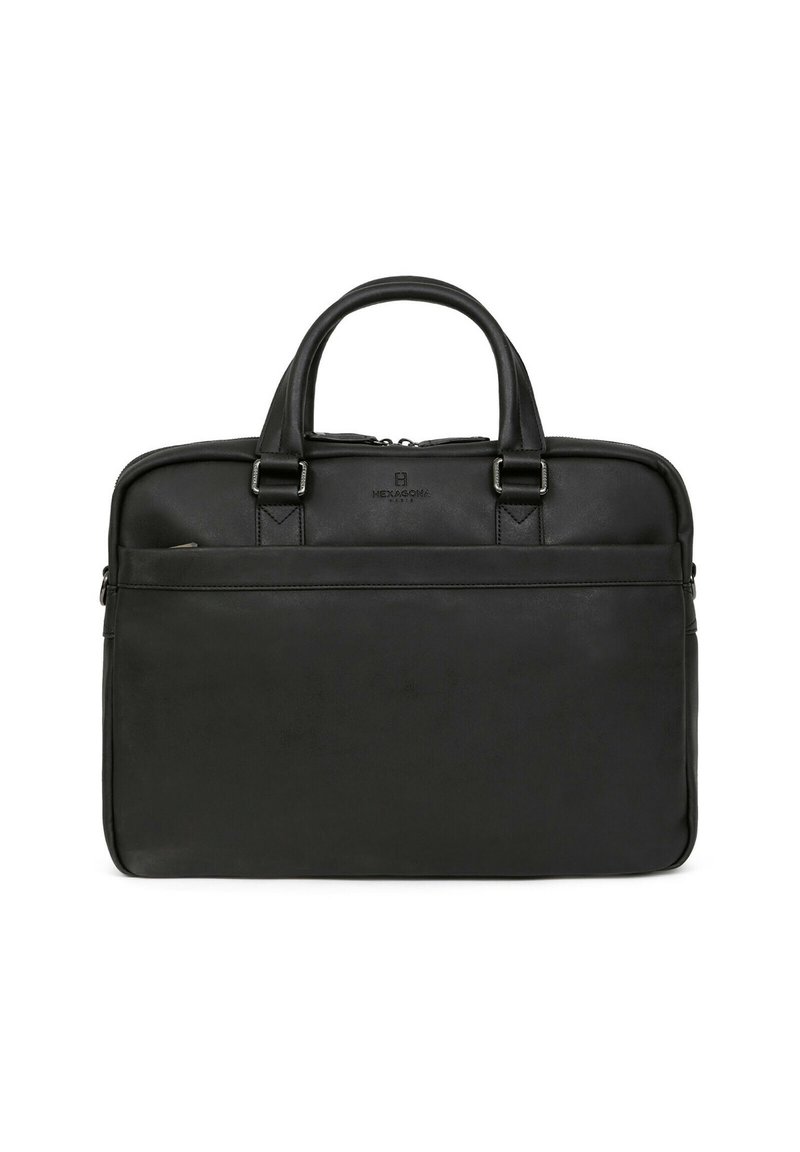 Borsa a tracolla nera in pelle con doppie maniglie, chiusura con zip, tasca frontale e dettaglio del logo. Texture liscia e design strutturato.