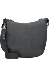 Borsa a spalla grigio scuro con superficie testurizzata e decorata. Dotata di chiusura con zip e tracolla rimovibile. Logo in evidenza sulla parte anteriore.