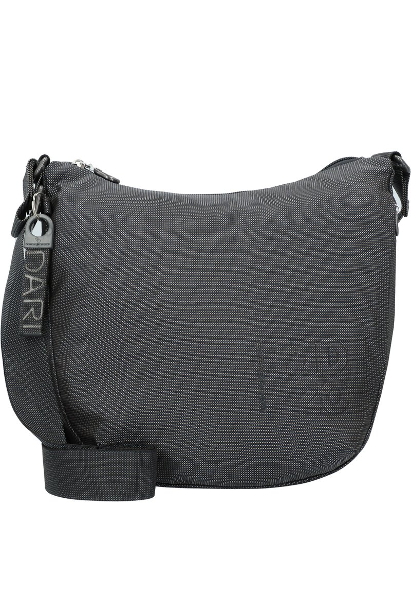 Borsa a spalla grigio scuro con superficie testurizzata e decorata. Dotata di chiusura con zip e tracolla rimovibile. Logo in evidenza sulla parte anteriore.