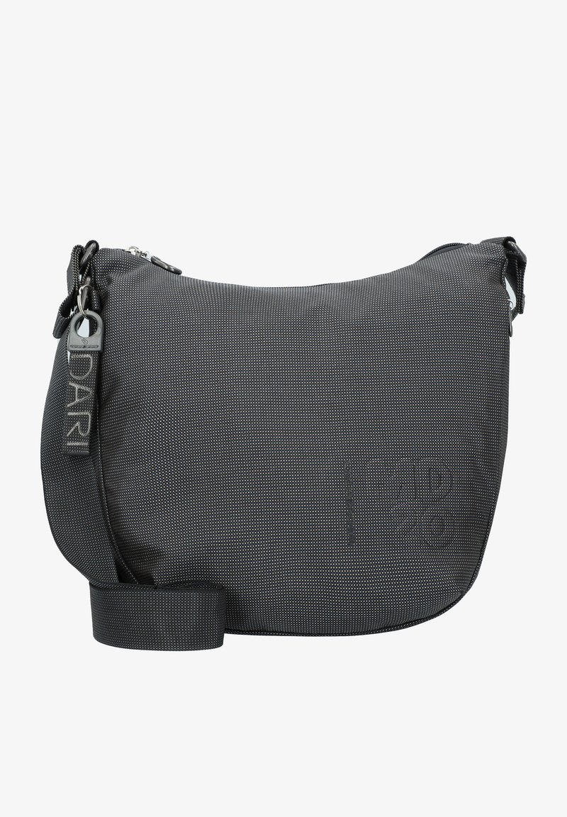 Borsa a spalla grigio scuro con superficie testurizzata e decorata. Dotata di chiusura con zip e tracolla rimovibile. Logo in evidenza sulla parte anteriore.