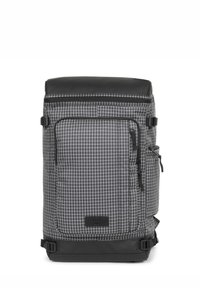 Zaino a motivo a griglia nero e grigio con chiusura superiore, tasca frontale con zip, tasca laterale in rete e spallacci regolabili. Materiale resistente.