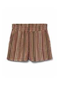 Pasiące szorty dzianinowe z elastycznym paskiem w odcieniach ziemi: brązie, pomarańczu, różu i beżu, z pionowymi wzorami i bocznymi kieszeniami.