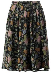 Midi-rok met bloemenpatroon in doorschijnend zwart materiaal, voorzien van plooien. Accenten van roze, oranje en blauwe bloemen met groene bladeren.