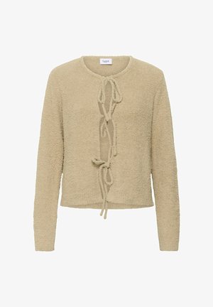 Bēša pūkaina džempera ar apaļu izgriezumu, garām piedurknēm un priekšējo saitīšanu. Audums ar tekstūrētu un mīkstu, pūkainu izskatu.