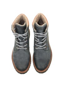 Men's ankle boots made of dark grey leather with a textured finish, brown accents, grey laces, and a cushioned tan interior lining.