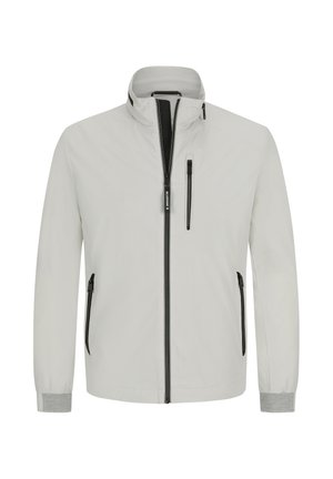 Hellgraue Jacke, mit Reißverschluss vorne, hohem Kragen, zwei Seitentaschen, einer Brusttasche, schwarzen Akzenten, elastischen Bündchen mit strukturiertem Detail.