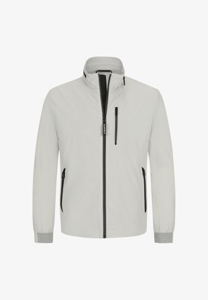 Hellgraue Jacke, mit Reißverschluss vorne, hohem Kragen, zwei Seitentaschen, einer Brusttasche, schwarzen Akzenten, elastischen Bündchen mit strukturiertem Detail.