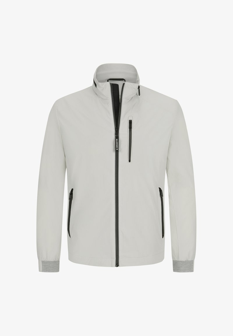 Hellgraue Jacke, mit Reißverschluss vorne, hohem Kragen, zwei Seitentaschen, einer Brusttasche, schwarzen Akzenten, elastischen Bündchen mit strukturiertem Detail.