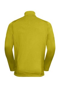 Chemise à manches longues d'un jaune vif. Texture lisse avec un col haut, sans logos ni motifs visibles. Coupe ajustée avec des détails de couture.