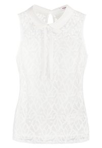 White sleeveless blouse with a collar, featuring a sheer floral lace pattern and a front tie detail at the neckline.
