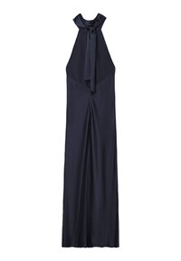 Jumpsuit navy con scollo all'americana e collo a cravatta, realizzato in tessuto morbido. Presenta una silhouette elegante e una chiusura con cerniera sul retro.