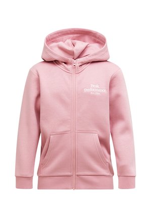 Sweat à capuche zippé rose clair avec poches avant et capuche, arborant le texte blanc "Peak Performance Est. 1986" sur le côté gauche de la poitrine.