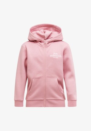 Lyserød lynlåstrøje med hætte og frontlommer, med hvidt "Peak Performance Est. 1986" tekst på venstre bryst.