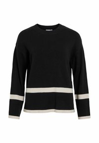 Melns džemperis ar apaļu kaklu, garām piedurknēm un krēmkrāsas horizontālām svītrām apakšdaļā un piedurkņu galiem. Mīksta tekstūra.