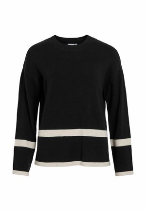 Sort sweater med rund hals, lange ærmer og cremefarvede horisontale striber langs bunden og ærmekanterne. Blød tekstur.