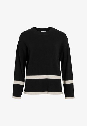 Schwarzer Pullover mit Rundhalsausschnitt, langen Ärmeln und cremefarbenen horizontalen Streifen am unteren Rand und an den Ärmelbündchen. Weiche Textur.