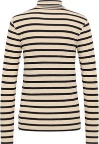 Pruhované tričko s dlhým rukávom v béžovej farbe s čiernymi vodorovnými pruhmi. Má rebrovanú textúru a vysoký golier. Čistý zakončený lem a manžety.
