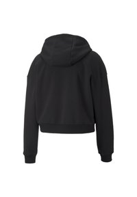 Sudadera corta negra con una textura suave, capucha de doble capa y puños acanalados. Presenta un diseño minimalista sin logotipos visibles.