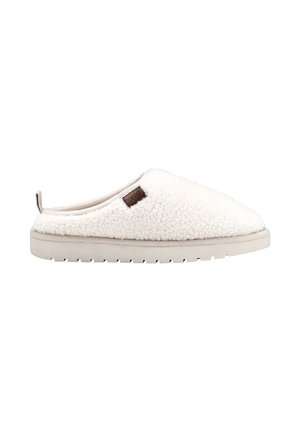 Chausson blanc à enfiler avec dessus en polaire texturée, semelle en caoutchouc beige et petite étiquette marron Esprit sur le côté.
