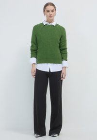 Grüner Strickpullover mit Rundhalsausschnitt, Raglanärmeln und Rippdetails, über einem weißen Hemd mit Kragen getragen und kombiniert mit schwarzen Hosen.