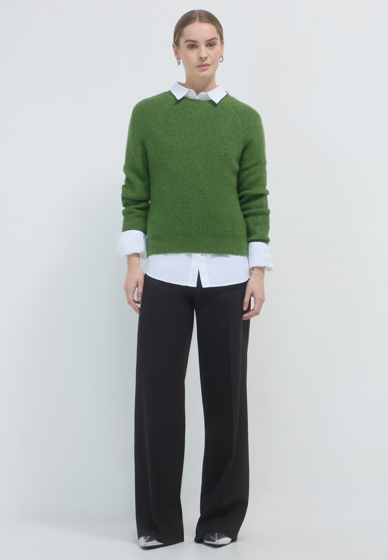 Grüner Strickpullover mit Rundhalsausschnitt, Raglanärmeln und Rippdetails, über einem weißen Hemd mit Kragen getragen und kombiniert mit schwarzen Hosen.