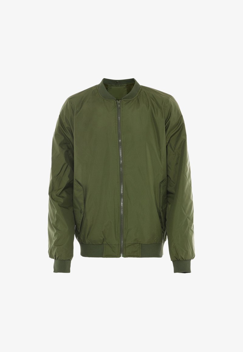 Olijfgroene bomberjack met ritssluiting aan de voorkant, ribgebreide boorden en onderkant, lichte polyester stof en zijzakken voor functionaliteit.