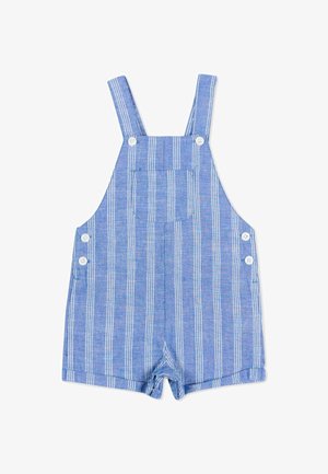 Blauw-wit vertical gestreepte romper voor peuters met verstelbare schouderbandjes, een borstzak aan de voorkant en knoopsluitingen aan de zijkanten.