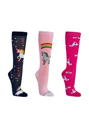 Colorful knee-high socks featuring unicorn designs: navy with multicolored hearts, light pink with a rainbow, and bright pink with unicorns.