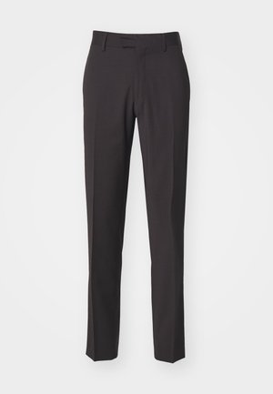 Donkergrijze op maat gemaakte broek met een rechte voorkant, slim fit en een gladde textuur. Voorzien van een knoopsluiting en zijzakken.