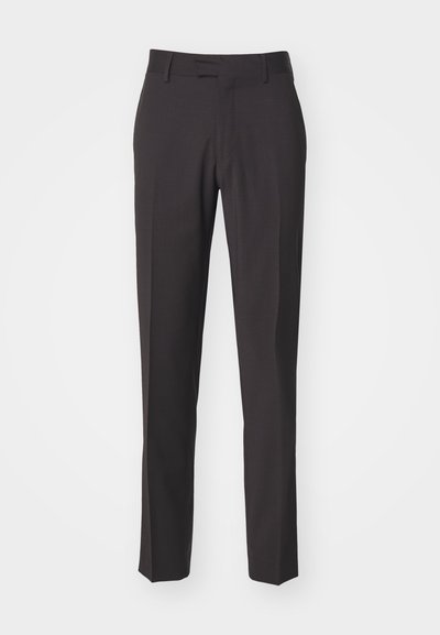 Mørkegrå skreddersydde bukser med flat front, slim fit og jevn tekstur. Har knappefeste og sidelommer.