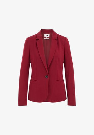 Blazer ajusté rouge, fermeture à un bouton, revers crantés, deux poches avant, texture lisse. Conçu pour une silhouette cintrée.