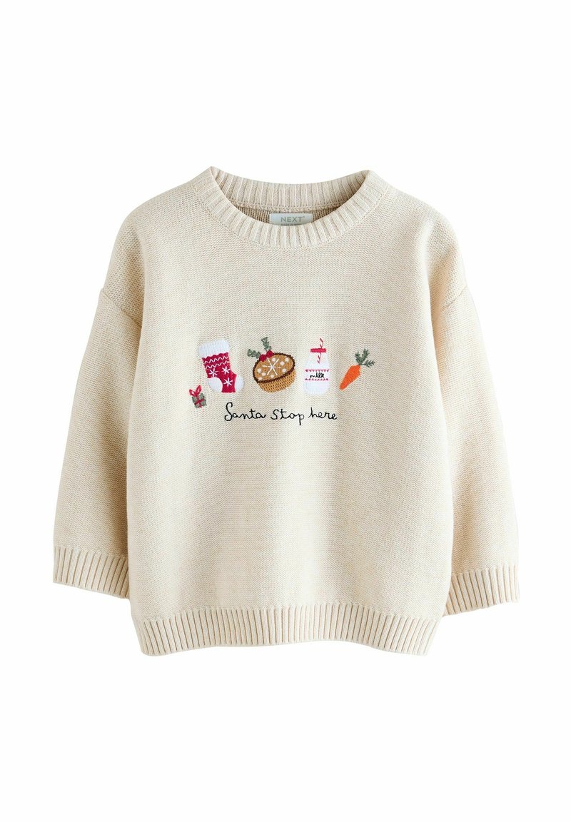 Pull en maille crème avec broderies sur le thème de Noël : chaussette, pudding, lait, carotte et texte "Santa Stop Here".