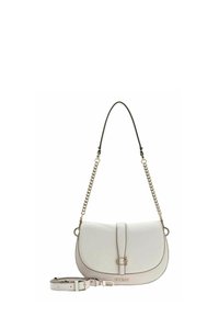 Borsa a tracolla in pelle bianca con forma curva, sottile tracolla a catena e tracolla staccabile e regolabile. Presenta una chiusura a patta magnetica e un marchio visibile.