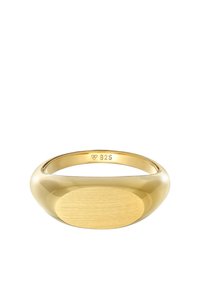 Goldplattierter Ring mit einem glatten, abgerundeten Band und einer flachen, gebürsteten ovalen Fläche. Auf dem inneren Band mit "925" gekennzeichnet, was den Silbergehalt anzeigt.