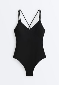 Black one-piece swimsuit with plunging neckline and thin, crossed shoulder straps, displayed flat on a white background.