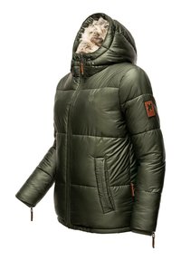 Green puffer jacket with a fur-lined hood, featuring a front zipper, side pockets, and leather accents on the sleeve and zipper pulls.