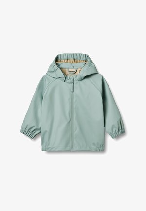 Helle grüne, leichte Kinderregenjacke mit einem Reißverschluss auf der Vorderseite und elastischen Bündchen; verfügt über eine Kapuze und eine glatte, glänzende Textur.