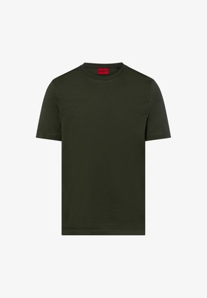 Ciemnozielona bawełniana koszulka z krótkim rękawem i okrągłym dekoltem. Posiada czerwoną metkę z logo na tylnym dekolcie. Gładka tekstura, prosty design.