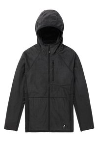 Black fleece jacket with a hood, featuring a full zipper, front pocket, and contrasting stitching. Soft texture and relaxed fit.