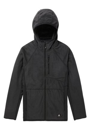 Veste en polaire noire avec capuche, dotée d'une fermeture éclair intégrale, d'une poche avant et de coutures contrastées. Texture douce et coupe décontractée.