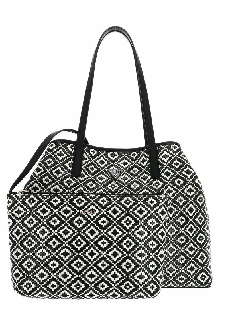 Borsa a tracolla con motivo in bianco e nero e design geometrico, materiale sintetico, doppi manici e tasca frontale con cerniera e branding.