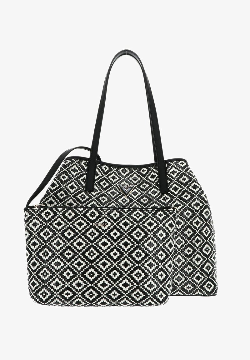 Borsa a tracolla con motivo in bianco e nero e design geometrico, materiale sintetico, doppi manici e tasca frontale con cerniera e branding.